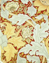 Behang met acanthusbladeren en wilde rozen op een karmozijnrode achtergrond ontworpen door William Morris (1834-96)